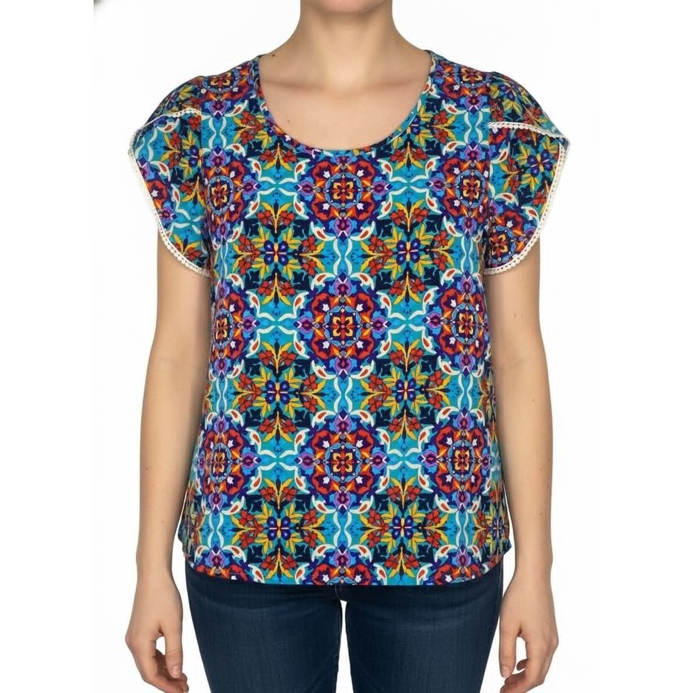 Blue Rain Women Mandala Medallion Print Top Flutter Sleeve Lace Trim Boho Medium